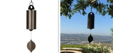 Handcrafted metal wind chimes in black and brown colors, available in small and large sizes, creating a serene outdoor ambiance