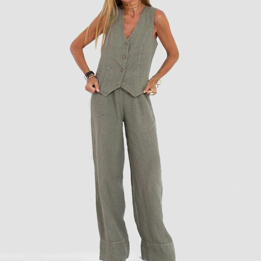 Sleeveless top and straight-leg trousers set in various colors, including apricot, olive green, black, and white.