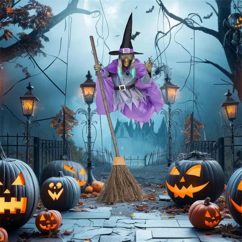Captivating 6-foot-tall floating witch decoration with lifelike face and dramatic purple skirt, perfect for spooky Halloween displays