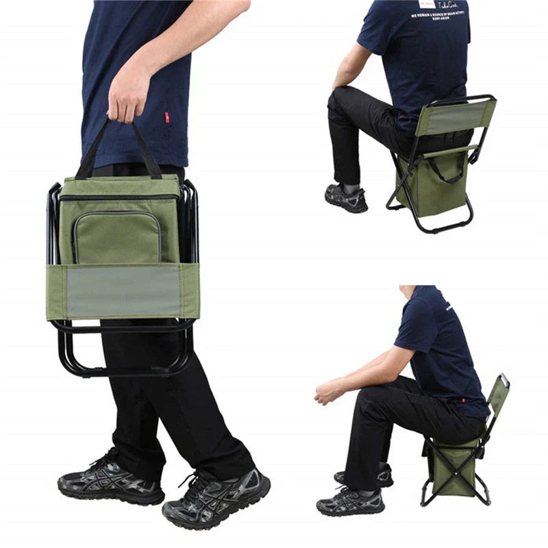 Portable foldable fishing chair with built-in refrigerator for keeping drinks and snacks chilled during outdoor activities