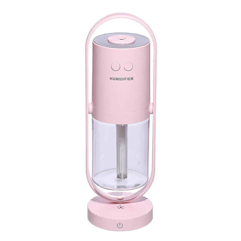 Compact USB Powered Desktop Humidifier with Ambient Lighting, featuring adjustable mist nozzle and romantic starry projection