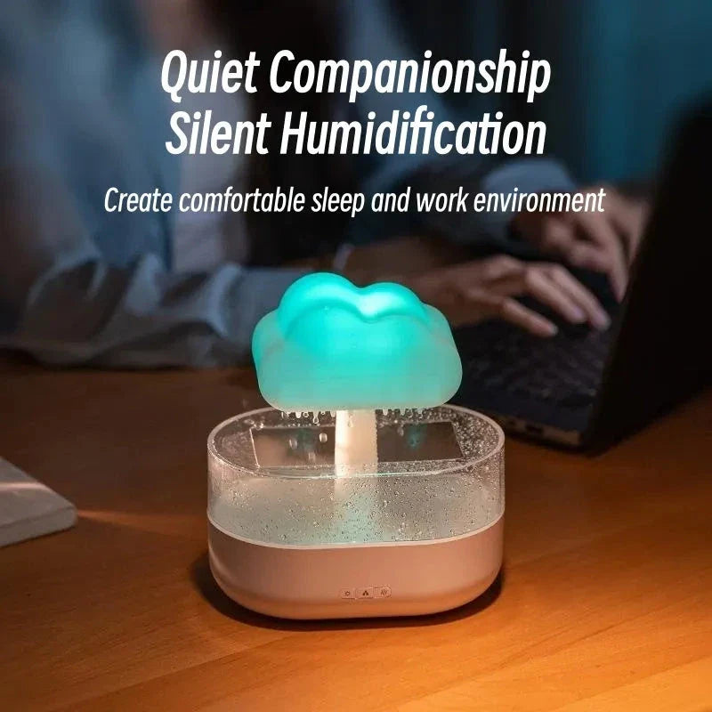 Stylish rain cloud-inspired humidifier with color-changing LED lights and essential oil diffuser for a relaxing and aromatic experience