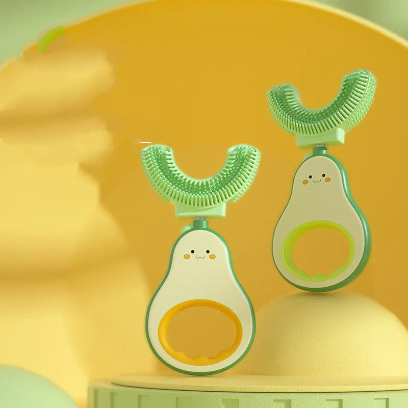U-shaped silicone baby toothbrush in cheerful colours for gentle teeth cleaning