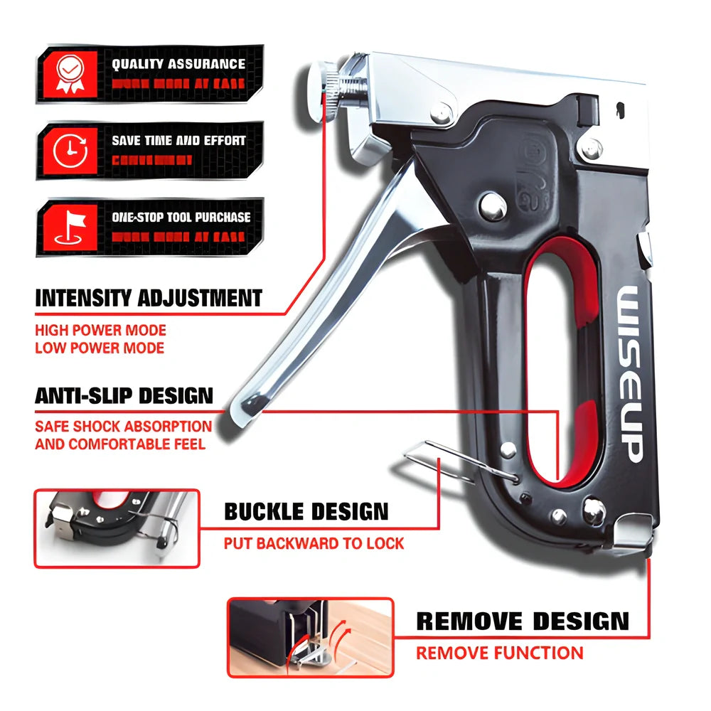 Heavy-duty 3-in-1 stapler gun with adjustable pressure, comfortable grip, and 600 staples for versatile DIY and home improvement projects