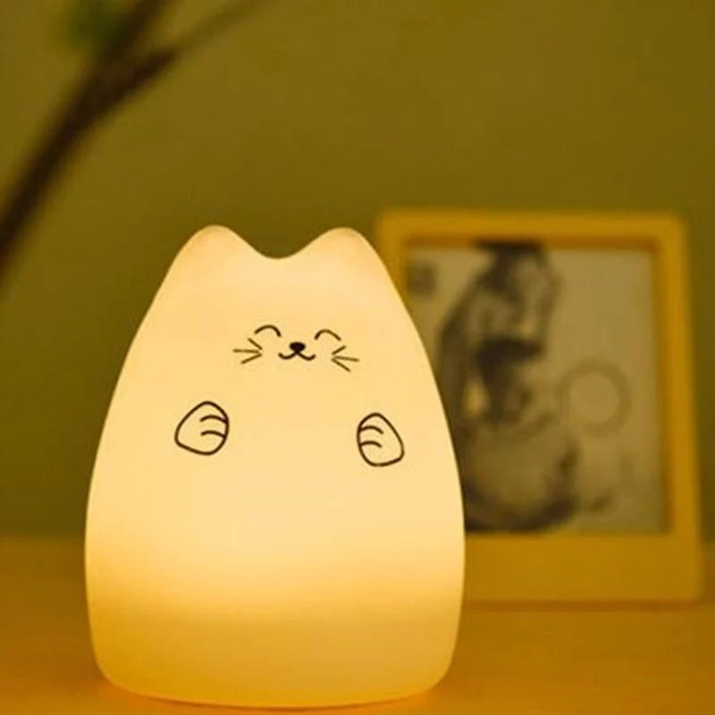Adorable cat design silicone touch sensor LED night light for children with colour-changing feature