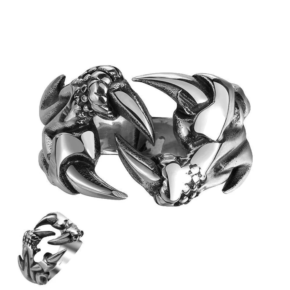 Striking open dragon claw ring made from premium titanium steel, with a lustrous chrome-like finish and adjustable, comfortable fit