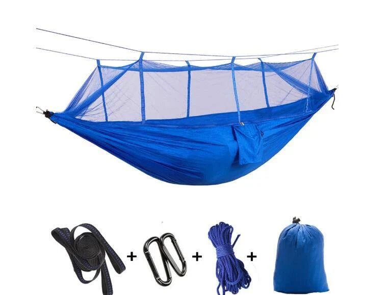 Versatile parachute hammock with mosquito net for outdoor camping and relaxation
