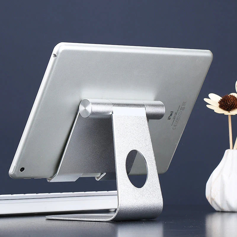 Adjustable tablet stand made of aluminium alloy with secure gripping hooks and soft protective cushions