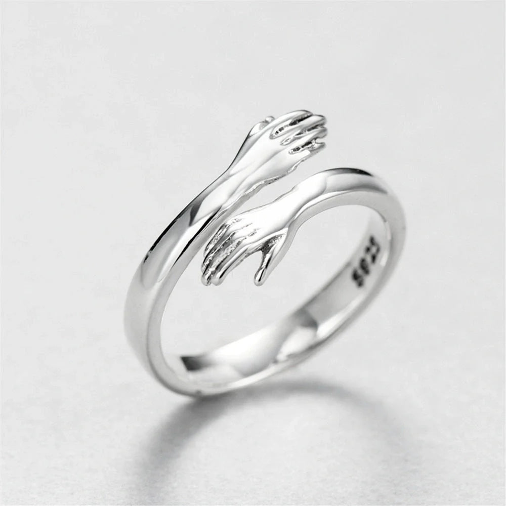 Adjustable love hug couple ring in brass and white steel, men's 18mm, women's 16mm