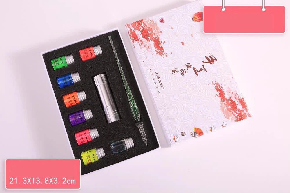 Fluorescent fountain pen dip ink set with eight glow-in-the-dark colours