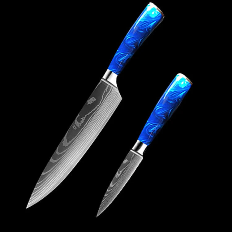 Premium 8-inch Chef Knife with elegant blue resin handle and stainless steel blade