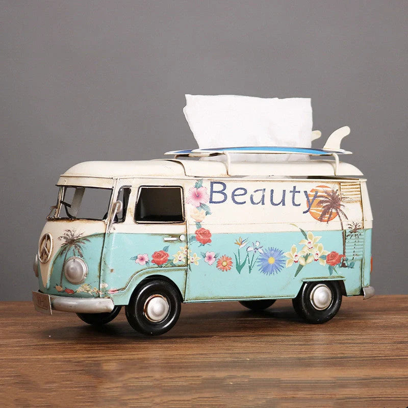 Handcrafted multicolour retro bus tissue box for home decoration