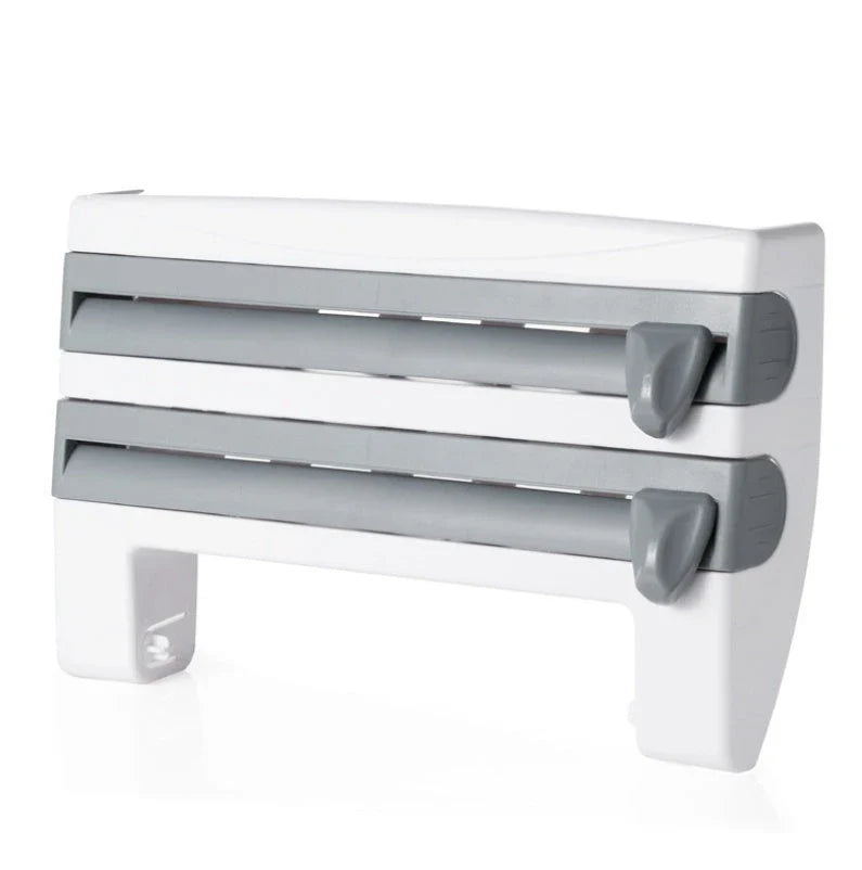 Premium wall-mounted cling film dispenser and cutter with compartments for storing and cutting kitchen wraps