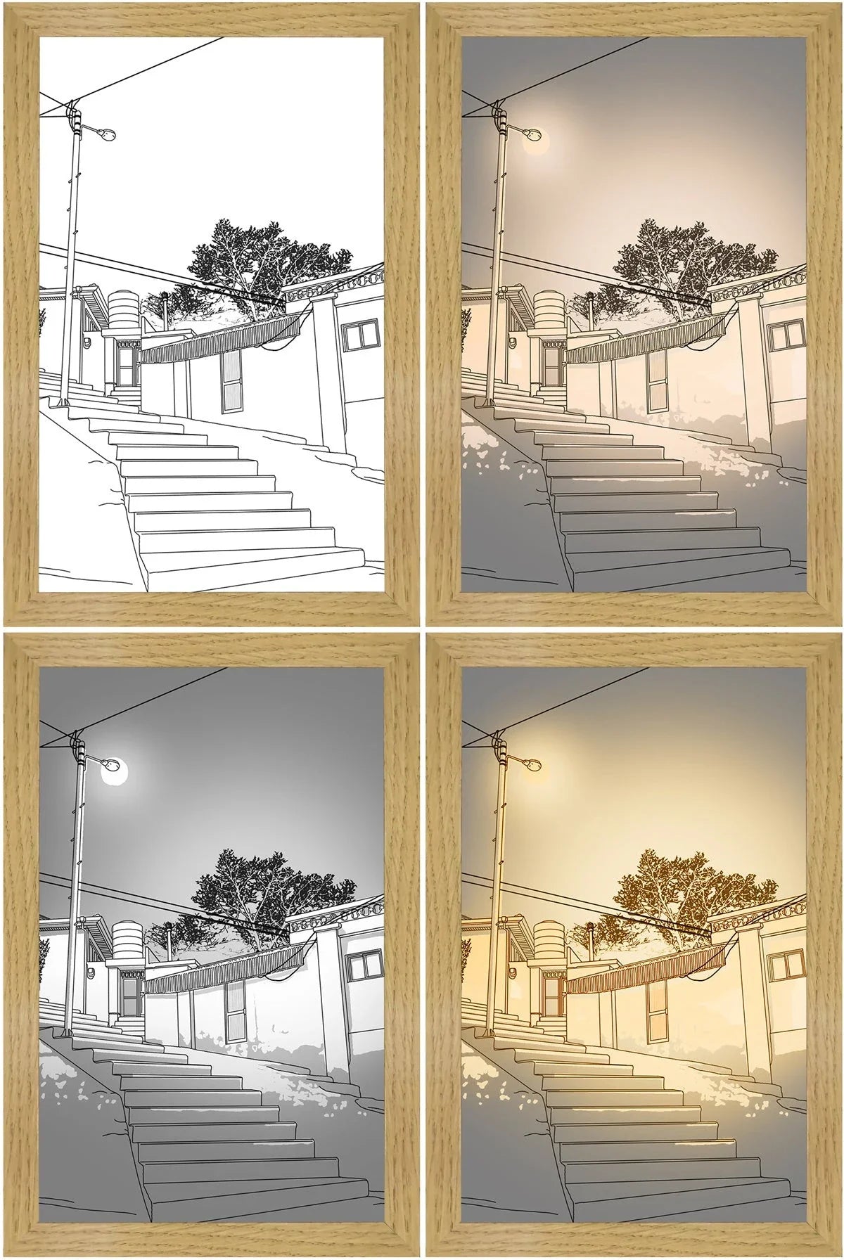 Illuminating LED picture light with customizable lighting modes, showcasing various nature scenes and cityscapes