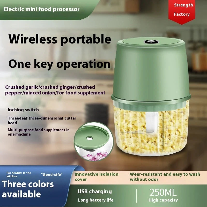 Compact, USB-rechargeable electric garlic chopper with stainless steel blades and detachable design for easy cleaning