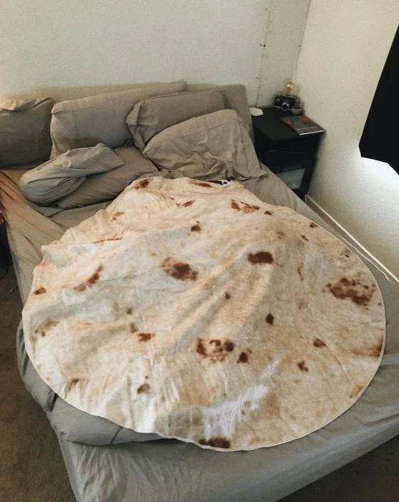 Supremely soft flannel burrito blanket in round and rectangular shapes, featuring vibrant food-themed print for cozy indoor and outdoor use