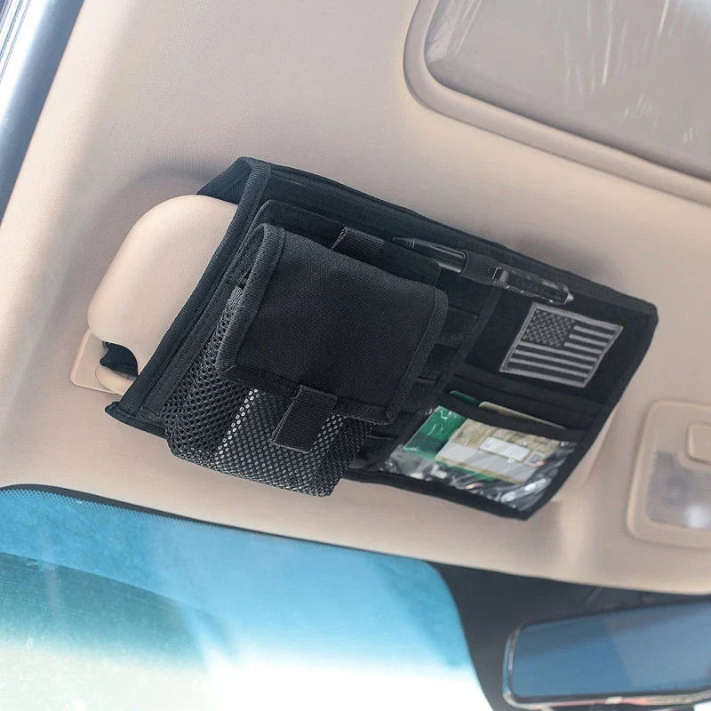 Premium car sun visor organiser with multiple storage compartments for CDs, documents, and other driving essentials