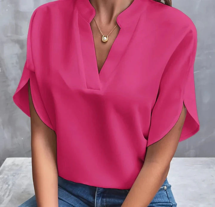 Women's summer short-sleeved chiffon shirt with V-neck design in various colours