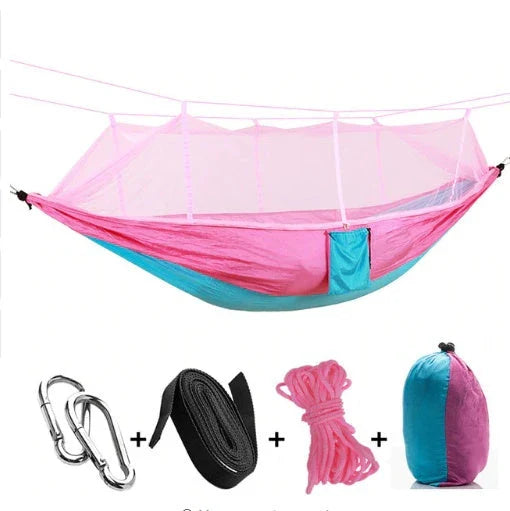 Versatile parachute hammock with mosquito net for outdoor camping and relaxation