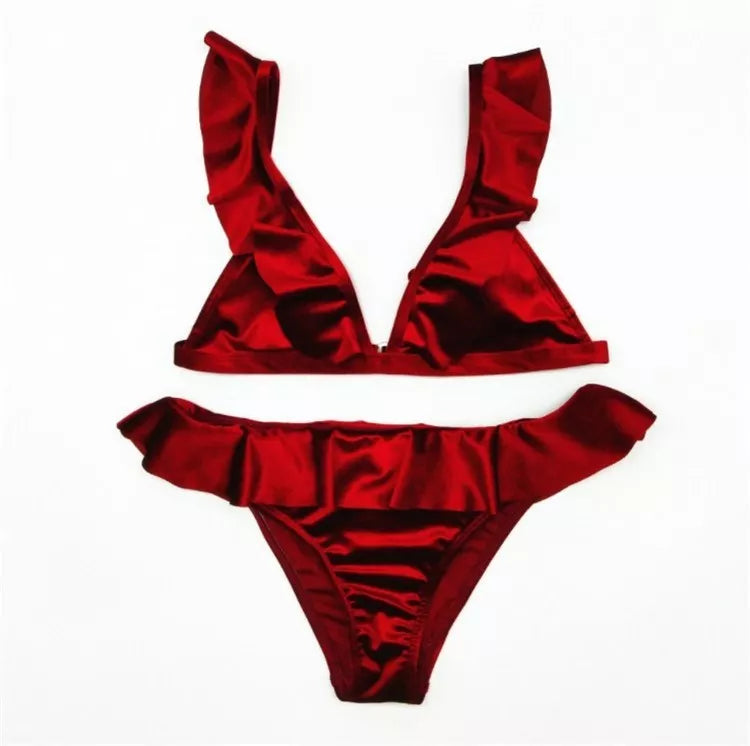 Women's Ice Velvet Ruffle Bikini Set in various colours with chest pad