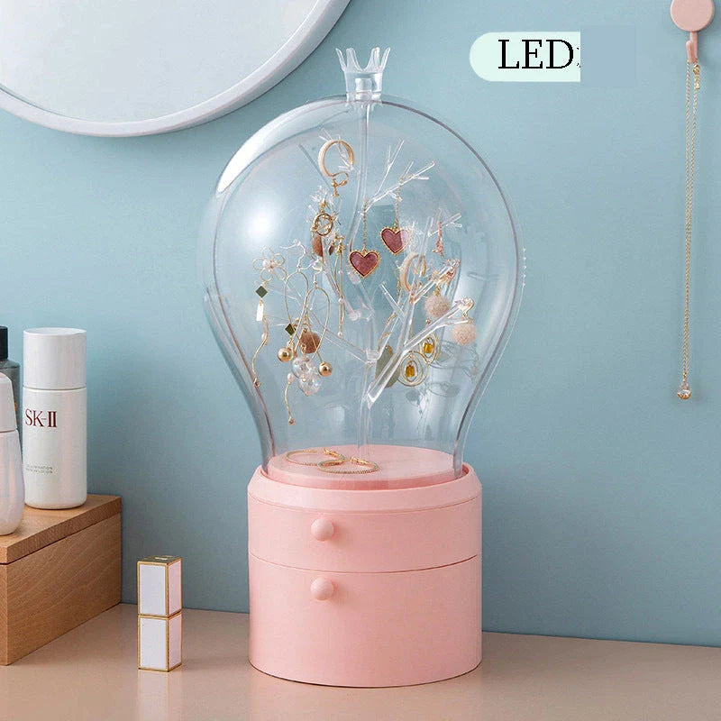 Stylish rotating jewellery storage box with LED lights, made of durable ABS plastic and featuring a soft, scratch-resistant lining