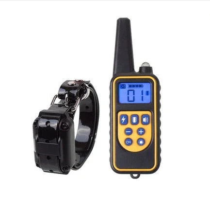 Remote-controlled anti-bark dog training collar with adjustable settings and 800-yard range