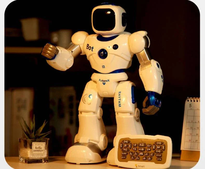 Remote-controlled robot with mobile app, flexible pulley, and soft LED lights for early years educational use