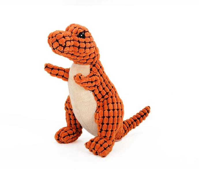 Dinosaur-themed plush chew toys for large dogs, featuring durable corn velvet exterior and soft, squeaky filling materials