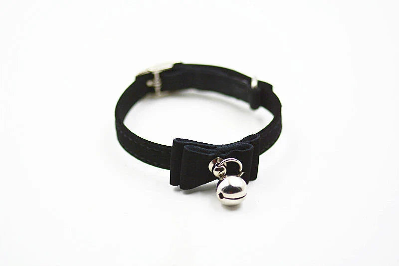 Stylish pet collar with bow tie and bell for small dogs, available in various colours