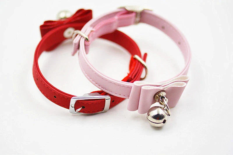 Stylish pet collar with bow tie and bell for small dogs, available in various colours