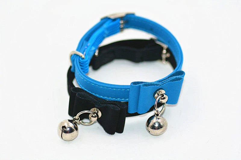 Stylish pet collar with bow tie and bell for small dogs, available in various colours