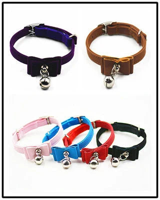 Stylish pet collar with bow tie and bell for small dogs, available in various colours