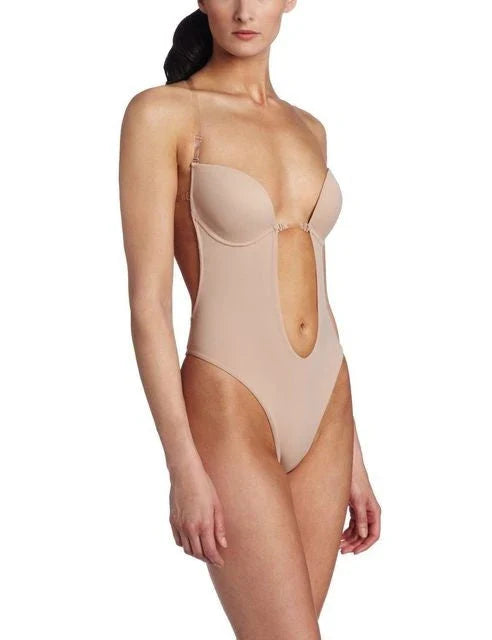 Versatile Backless Body Shaper Bra in beige, black, and white colors, featuring adjustable straps and compression panels for a customized fit