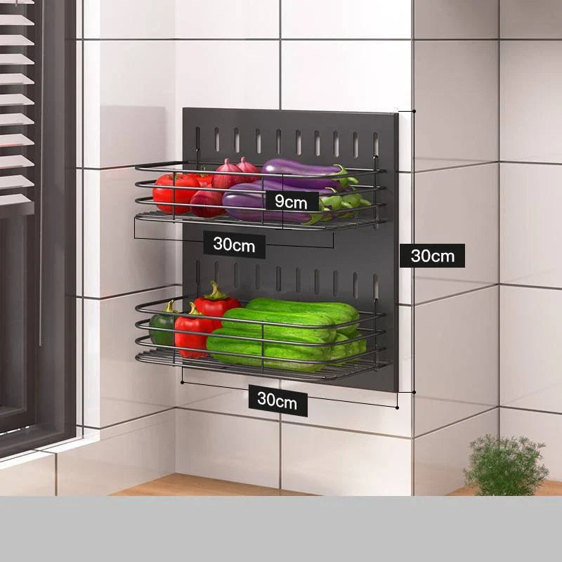 A high-quality stainless steel wall-mounted kitchen storage rack with a perforated design for customisable storage