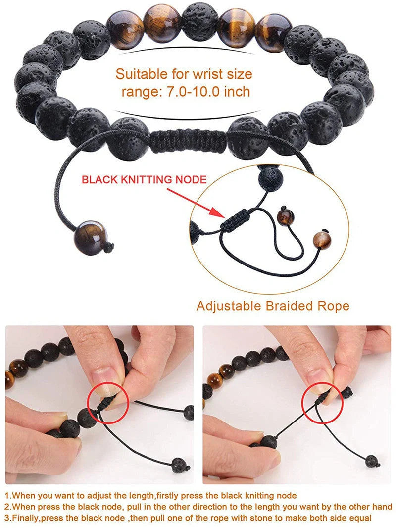 Matte black agate beads and tiger eye couple bracelets with geometric design