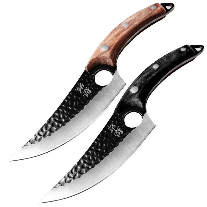 Forged stainless steel boning knife with ergonomic handle and leather sheath