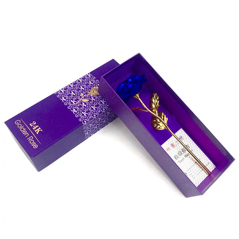 A luxurious 24K gold-plated rose flower bouquet set with a gift box and tote bag
