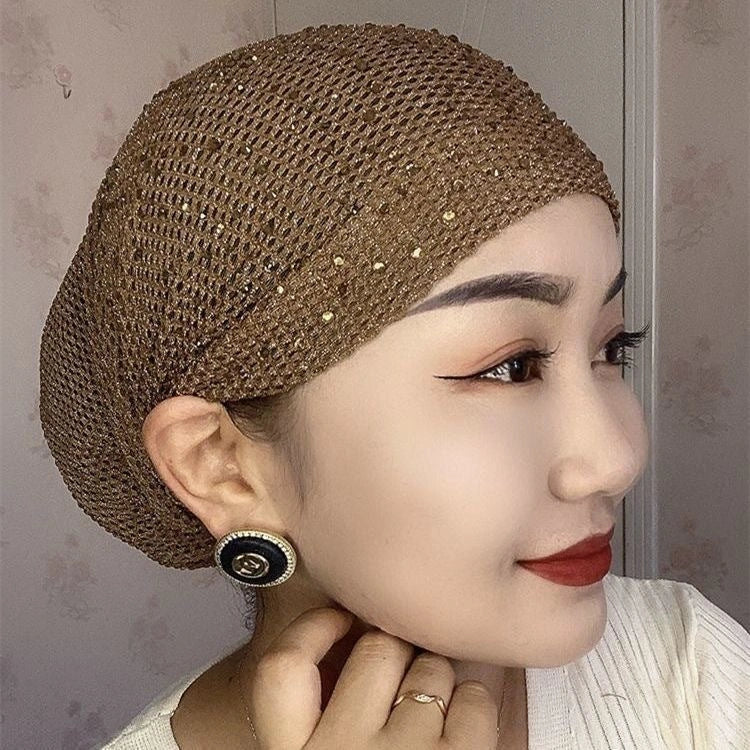Stylish knitted beanie with elegant hot drilling pattern in various colours, including black, grey, wine red, ancient purple, and deep khaki