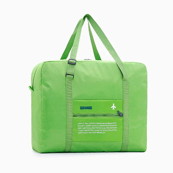 Foldable nylon travel holdall in various colours, including black, orange, green, and red