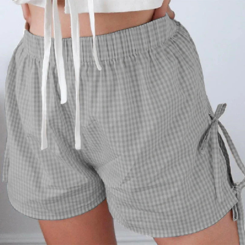 Women's stylish loose plaid shorts with lace-up design for summer