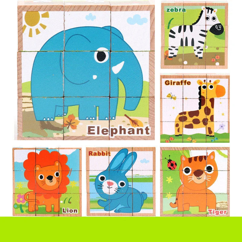 Colourful wooden 3D jigsaw puzzle with various patterns including fruit, insects, traffic, and animals