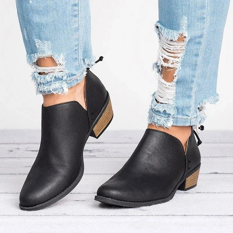 Stylish retro high heel ankle boots for women in pink, black, and beige