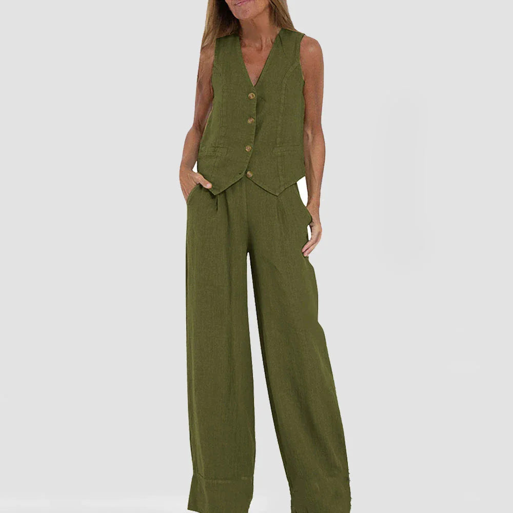 Sleeveless top and straight-leg trousers set in various colors, including apricot, olive green, black, and white.