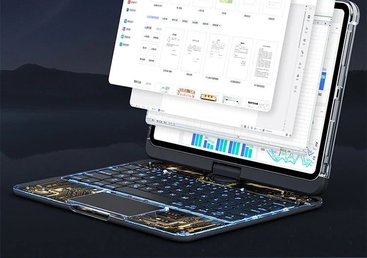 360-degree rotating keyboard case with transparent backplate and built-in Apple Pencil holder for iPad