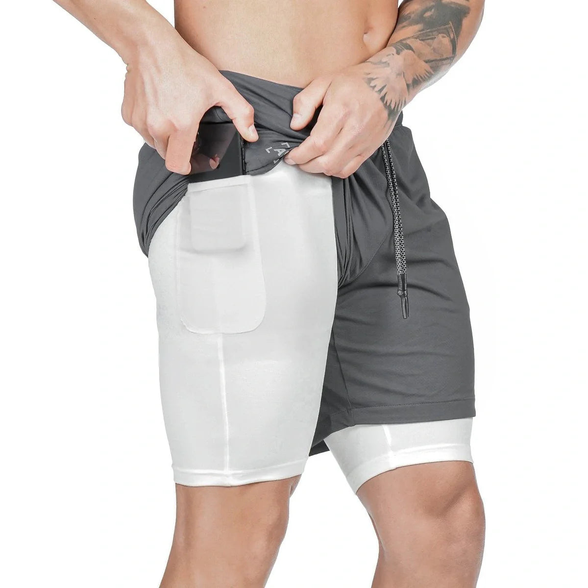 Men's quick-dry nylon sports shorts in grey, black, and khaki camouflage