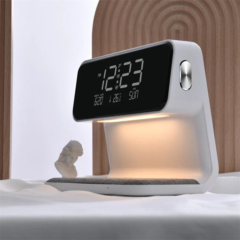 3-in-1 Wireless Charging Bedside Lamp with Adjustable LED Lighting, Alarm Clock, and Wireless Charging Pad