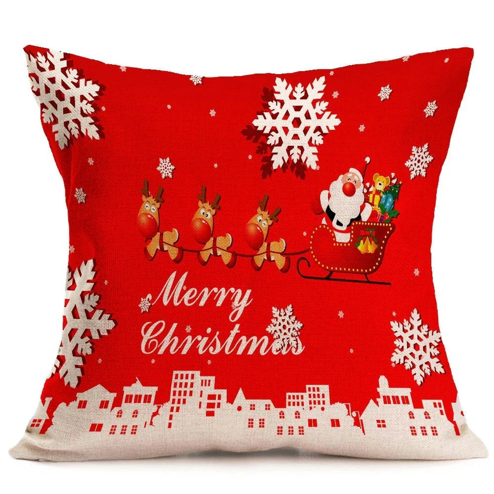 Festive Christmas-themed pillow covers in various patterns and styles, perfect for home or car decor