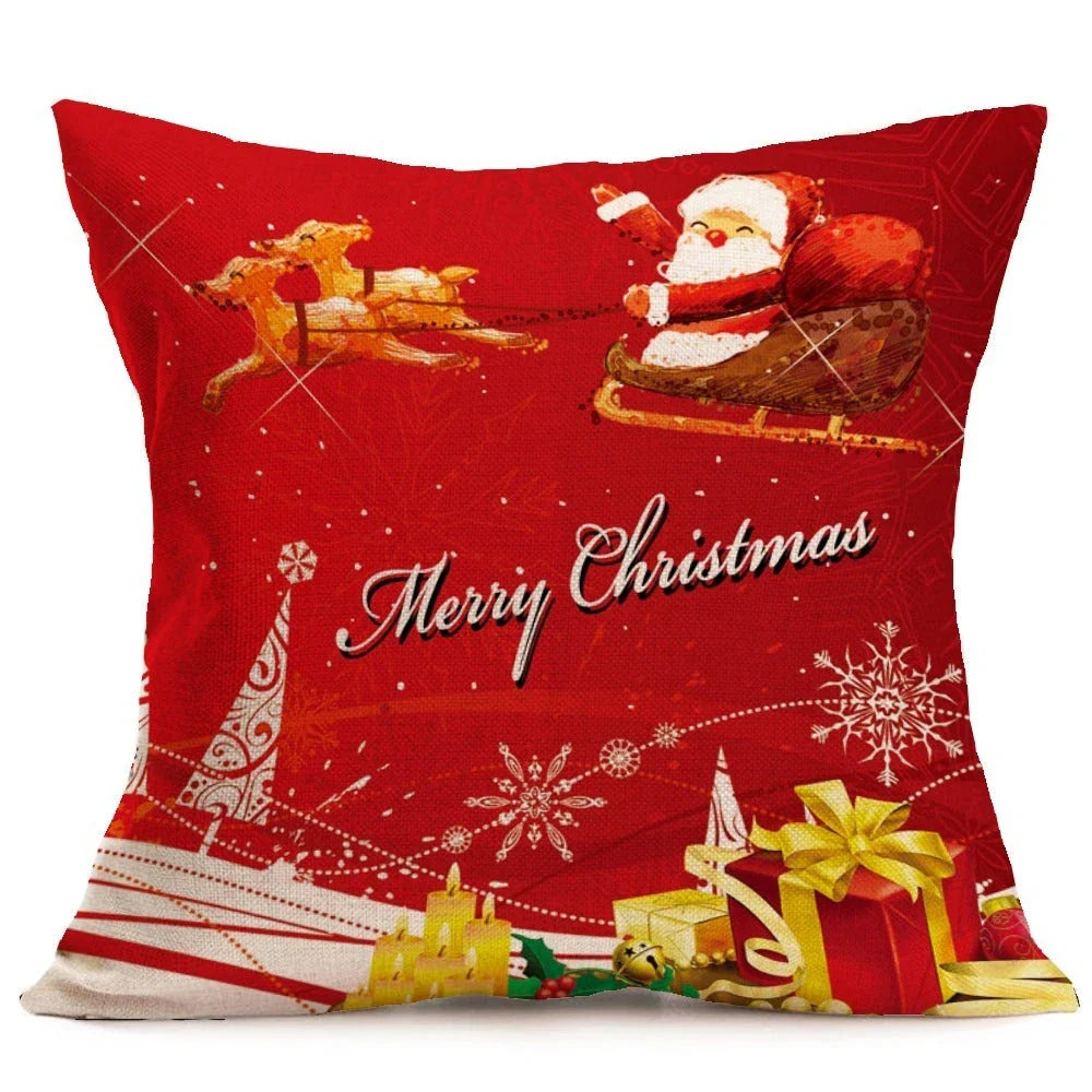 Festive Christmas-themed pillow covers in various patterns and styles, perfect for home or car decor