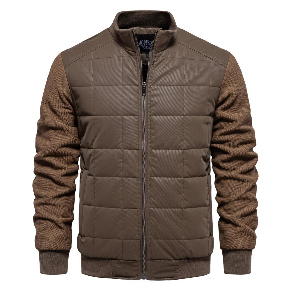Stylish men's winter jacket with unique stitching design, stand collar, and variety of classic colours