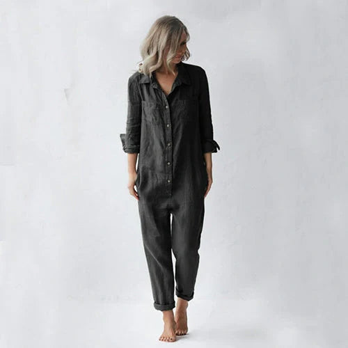 Women's loose fit long sleeve jumpsuit with pockets in various colors